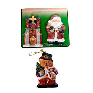 🎄 Vintage Ornament Trio | Santa Church Bear 🧸3–4" Tall Holiday Splendor ✨